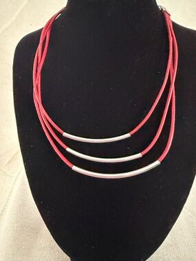 Red Layered Cord Necklace with Silver Tubes - Women Jewelry